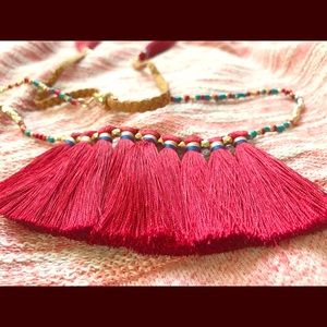 Women’s Burgundy Fringed Statement  Necklace